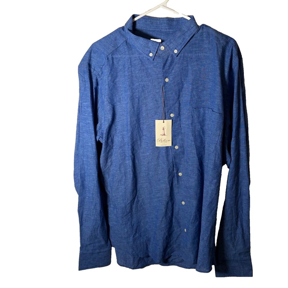 Bellini Milano Linen Shirt Men's 45 18 Blue Button Down Long Sleeve Casual
